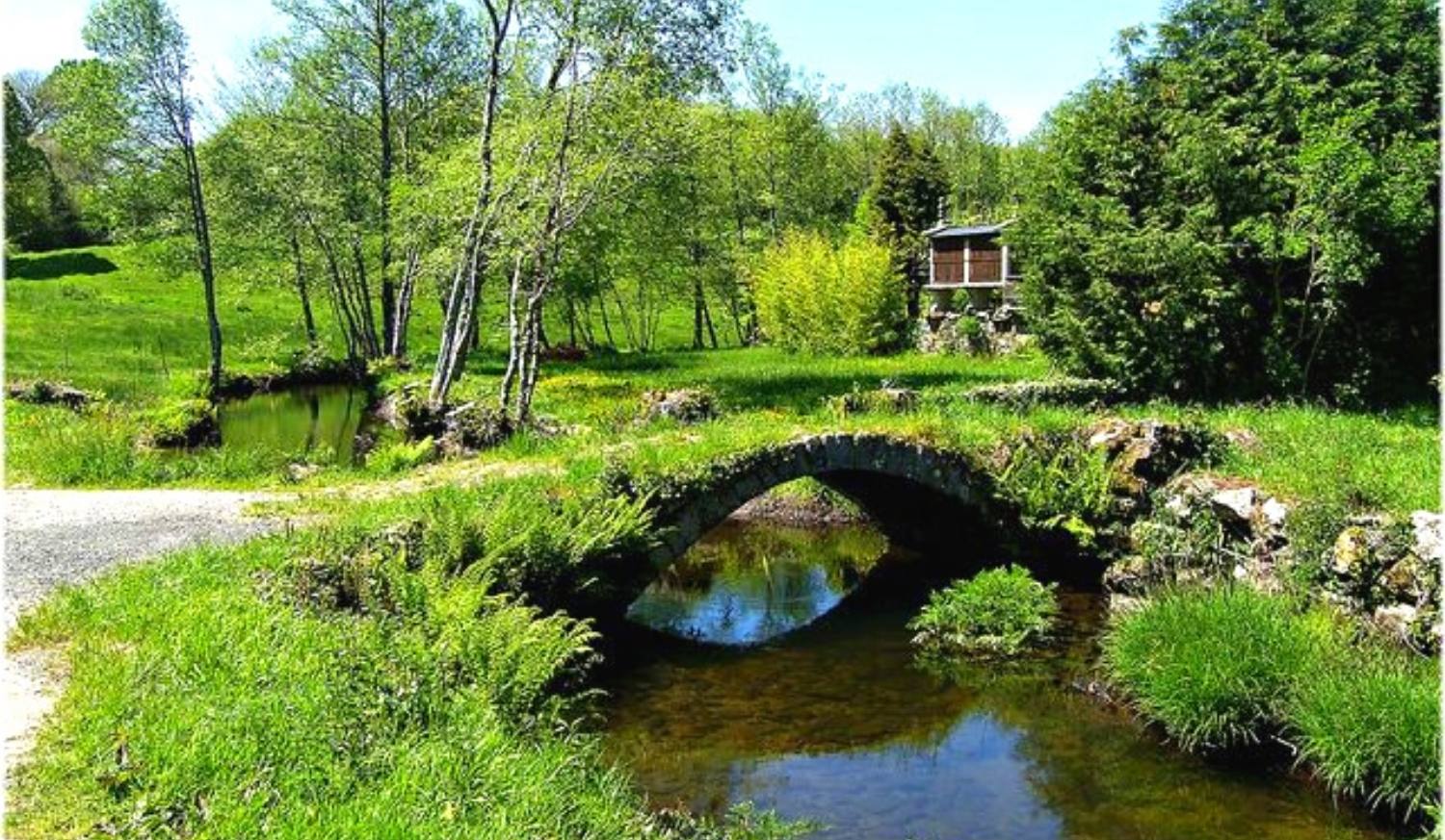 Pequena ponte de pedra sobre um riacho num prado verde com um espigueiro na etapa de Ferreira a Melide do Caminho Primitivo