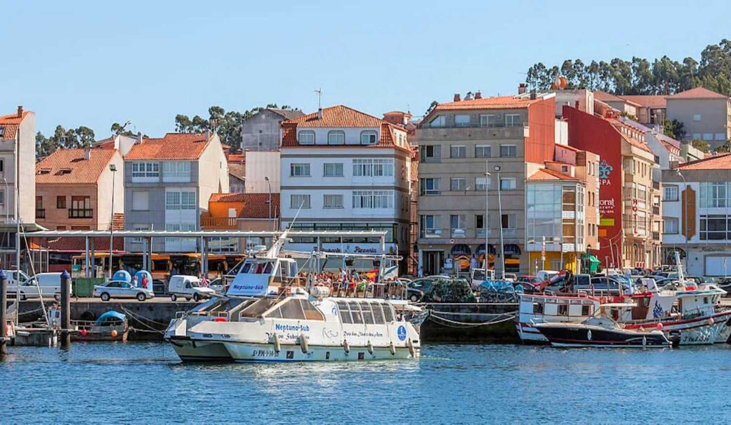 Porto piscatório com barcos e um catamarã turístico frente às casas na etapa de O Grove a Cambados da rota do Padre Sarmiento