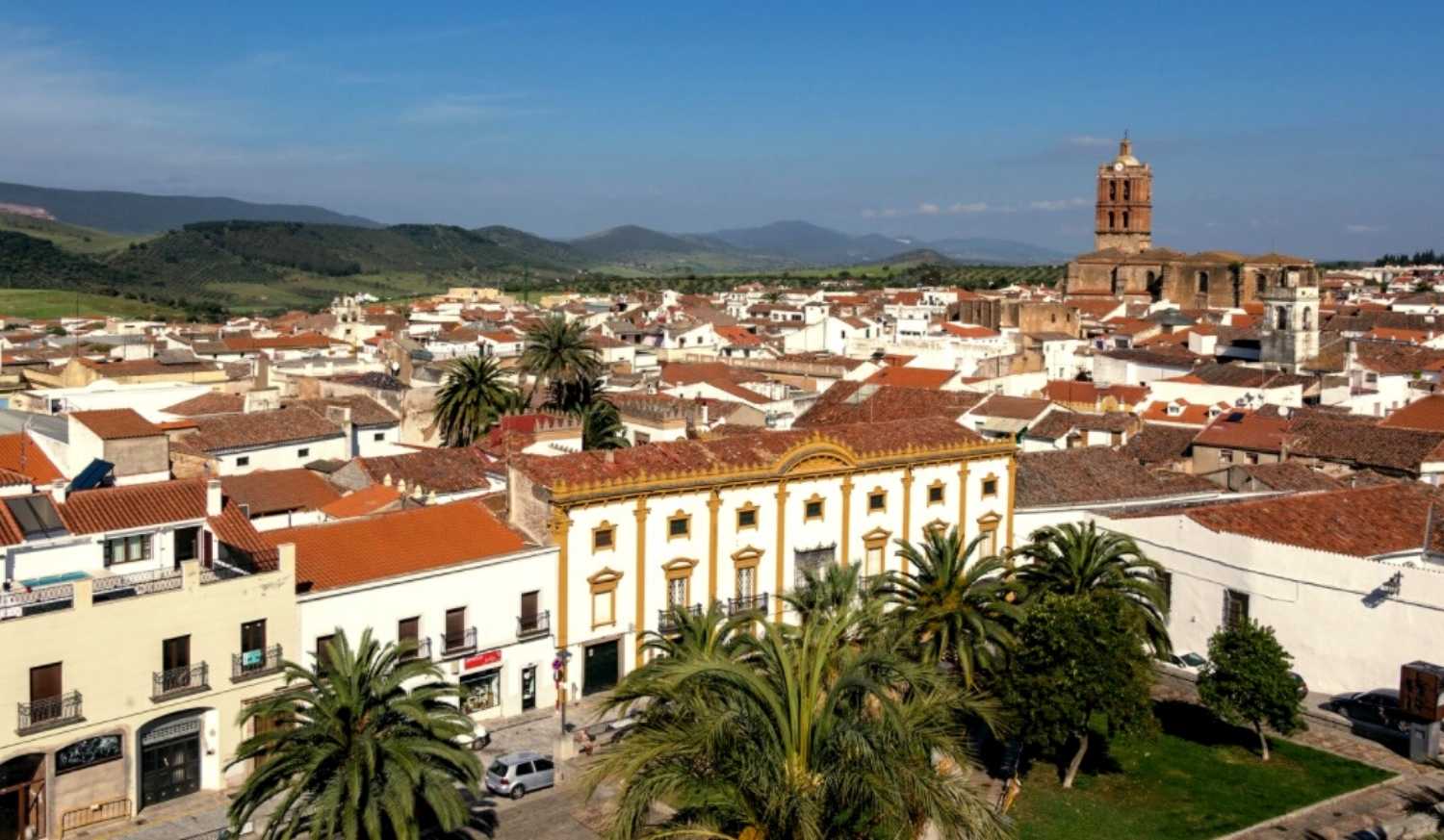 Panorama of Zafra with palm trees, red roofs and the stone church tower on the stage From Zafra to Villafranca de los Barros.