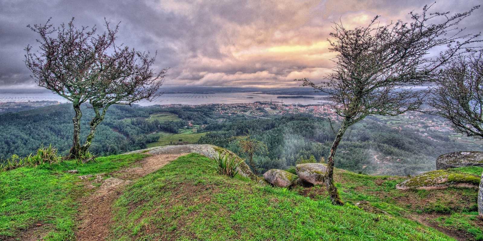 Miradouro sobre a ria ao anoitecer entre árvores e rochedos na etapa de A Illa de Arousa a Vilanova de Arousa da rota do Padre Sarmiento