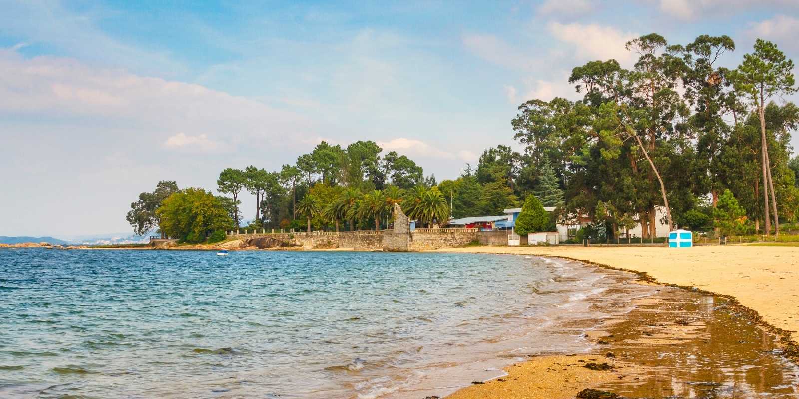Praia tranquila junto à ria entre pinheiros e palmeiras na etapa de A Illa de Arousa a Vilanova de Arousa da rota do Padre Sarmiento
